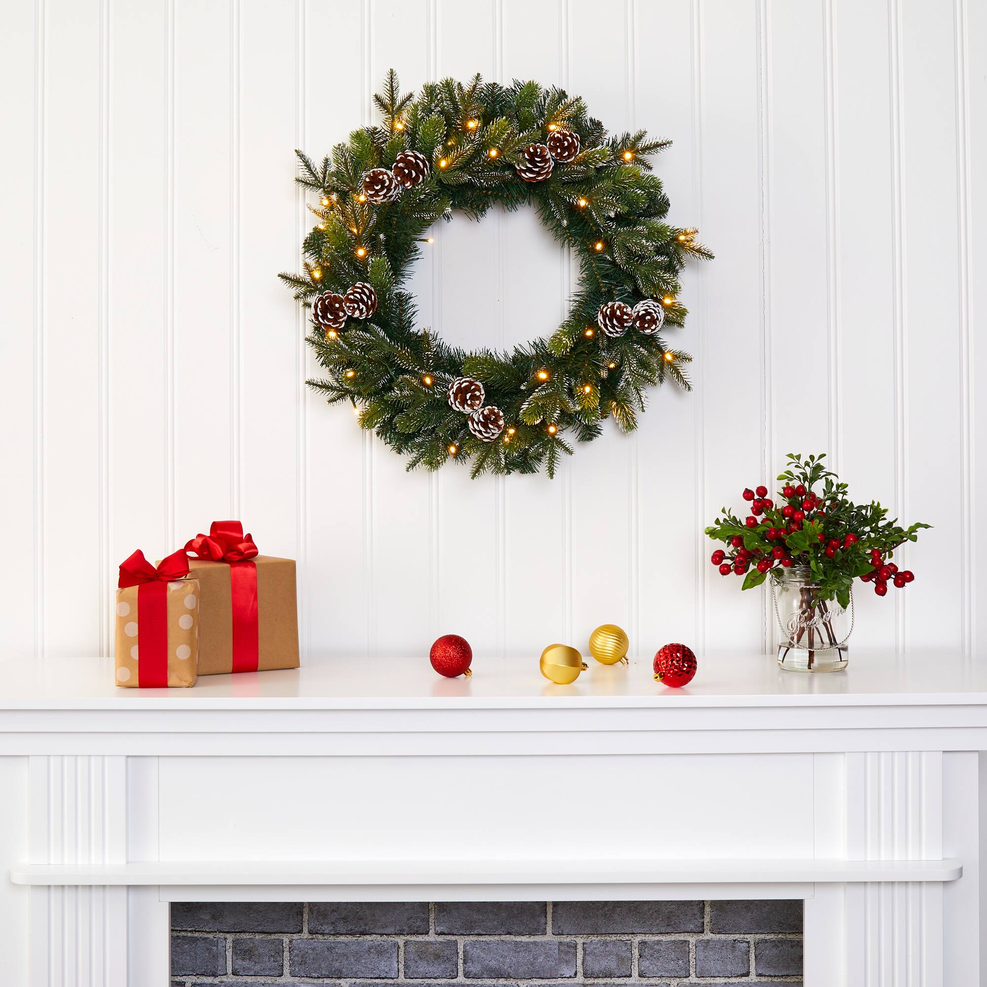 24" Pre-Lit Snowed Pinecone Artificial Christmas Wreath